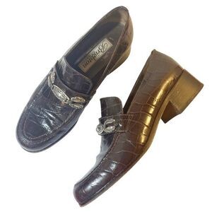 Brighton Vintage Dark Brown Leather Croc Chunky Loafers Silver Hardware Size 7.5